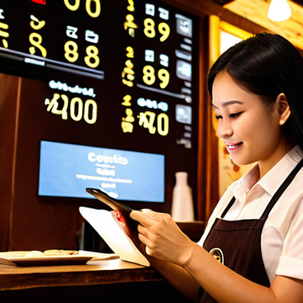 **Cozy Thai coffee shop interior, barista using CRM on a tablet to personalize a promotion for a customer, warm lighting, focus on data-driven customer service, Thai script on signage.**