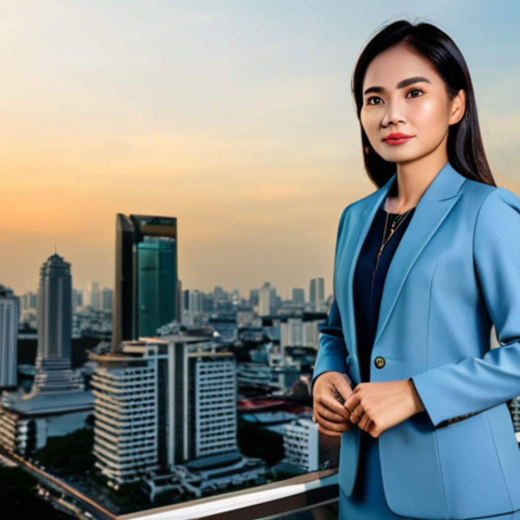 **
"A professional Thai businesswoman in a modest, tailored skirt suit, standing confidently in front of the Bangkok skyline at sunset, fully clothed, appropriate attire, safe for work, perfect anatomy, natural proportions, professional photography, high quality, family-friendly."
**