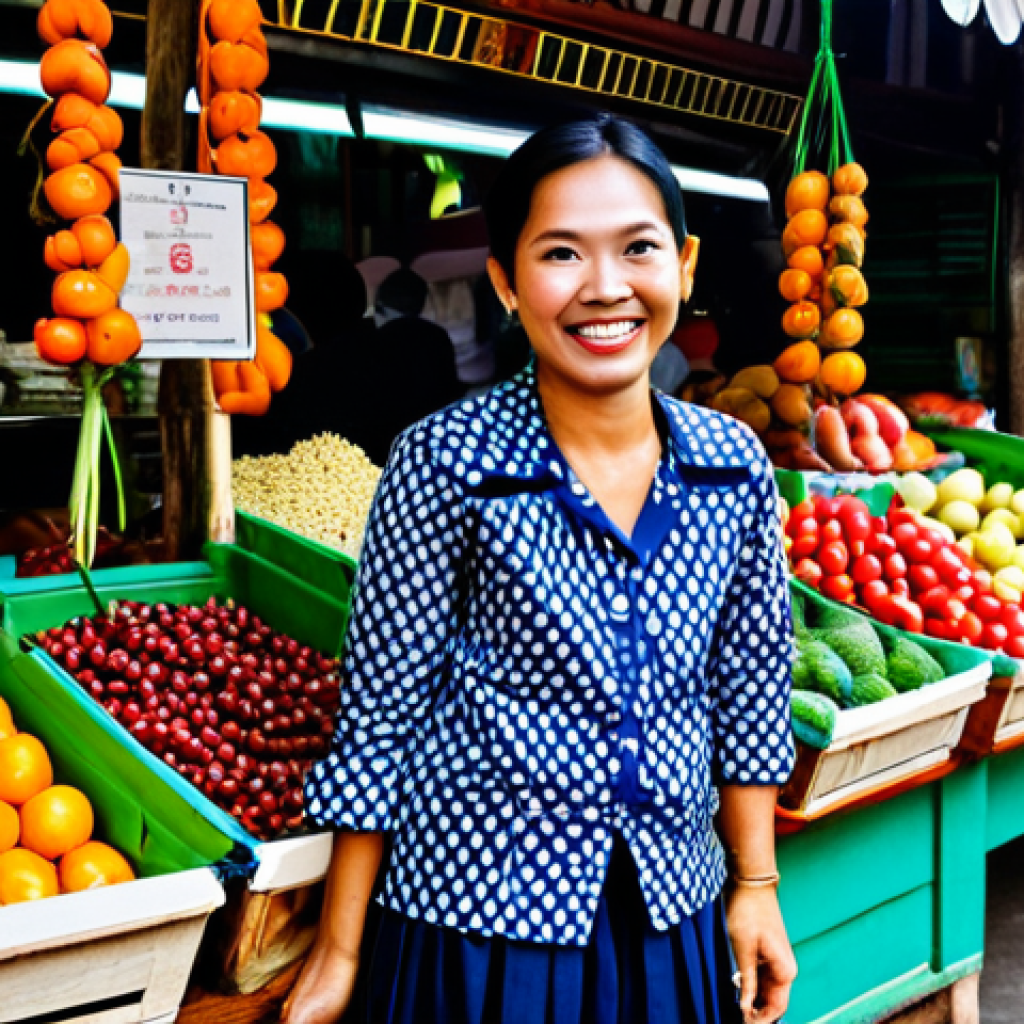 **
A bustling marketplace scene in Bangkok, Thailand. A friendly female vendor in her 30s, fully clothed in a traditional Thai outfit, is smiling and interacting with customers. She's surrounded by colorful fruits, vegetables, and local street food. Background features traditional Thai architecture. Perfect anatomy, correct proportions, natural pose, professional photography, high quality, safe for work, appropriate content, fully clothed, modest, family-friendly.
**