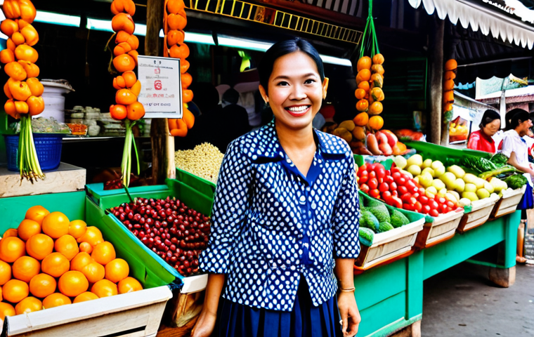 **

A bustling marketplace scene in Bangkok, Thailand. A friendly female vendor in her 30s, fully clothed in a traditional Thai outfit, is smiling and interacting with customers. She's surrounded by colorful fruits, vegetables, and local street food. Background features traditional Thai architecture. Perfect anatomy, correct proportions, natural pose, professional photography, high quality, safe for work, appropriate content, fully clothed, modest, family-friendly.

**
