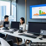 Home 19 초개인화 마케팅의 통합적 접근 방식 - A modern Thai marketing office scene showing diverse professionals collaborating around digital scre...
