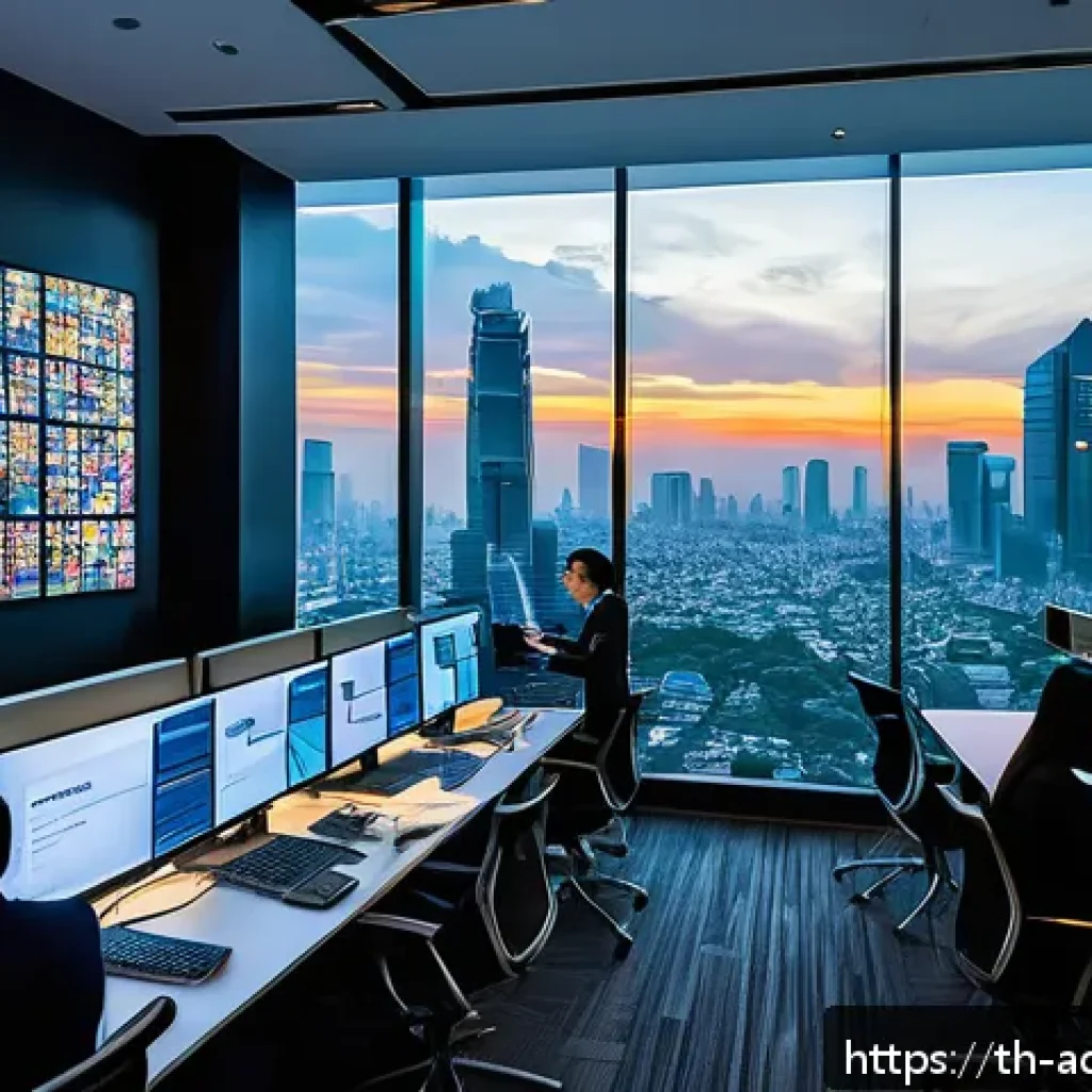 초개인화 마케팅의 기술적 도전과제 - A modern, high-tech data control room in a bustling Bangkok office, showcasing diverse digital scree...