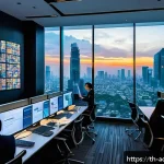 Home 18 초개인화 마케팅의 기술적 도전과제 - A modern, high-tech data control room in a bustling Bangkok office, showcasing diverse digital scree...