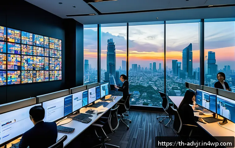 초개인화 마케팅의 기술적 도전과제 - A modern, high-tech data control room in a bustling Bangkok office, showcasing diverse digital scree...