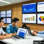 Home 23 초개인화 마케팅의 성공 비결 - A modern Thai marketing office scene showing a diverse team of professionals analyzing customer data...