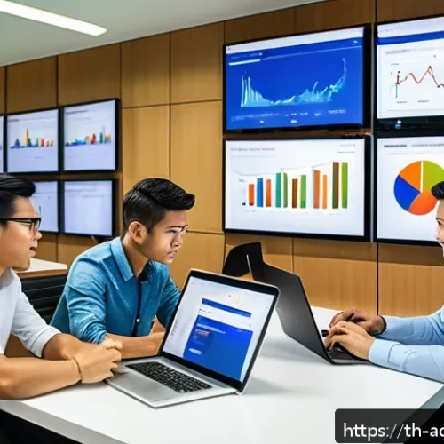 Home 17 초개인화 마케팅의 성공 비결 - A modern Thai marketing office scene showing a diverse team of professionals analyzing customer data...