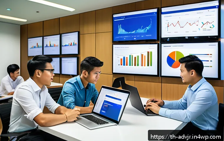 초개인화 마케팅의 성공 비결 - A modern Thai marketing office scene showing a diverse team of professionals analyzing customer data...